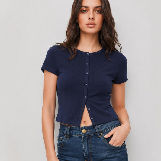 Top Cardigan de Manga Corta con Botones Frontales para Mujer