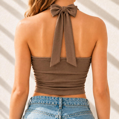 Top Halter con Lazo al Cuello, Fruncido Lateral y Espalda Descubierta para Mujer