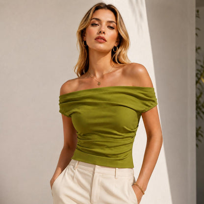 Blusa corta hombros al descubierto con pliegues, top asimétrico elegante para mujer, estilo verano