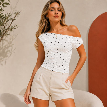 Top Lunares con Hombros Descubiertos y Fruncido Lateral para Mujer