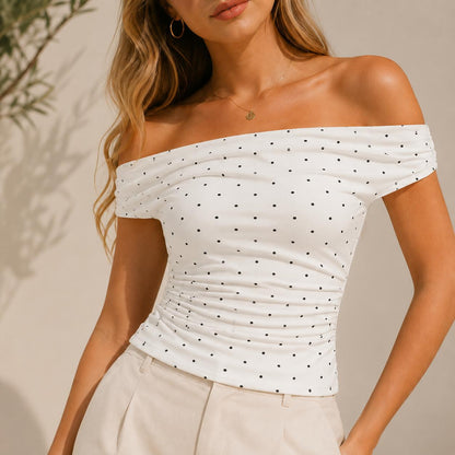 Top Lunares con Hombros Descubiertos y Fruncido Lateral para Mujer