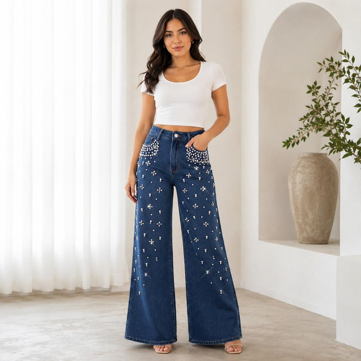 Jeans Acampanados de Tiro Alto con Perlas y Pedrería para Mujer