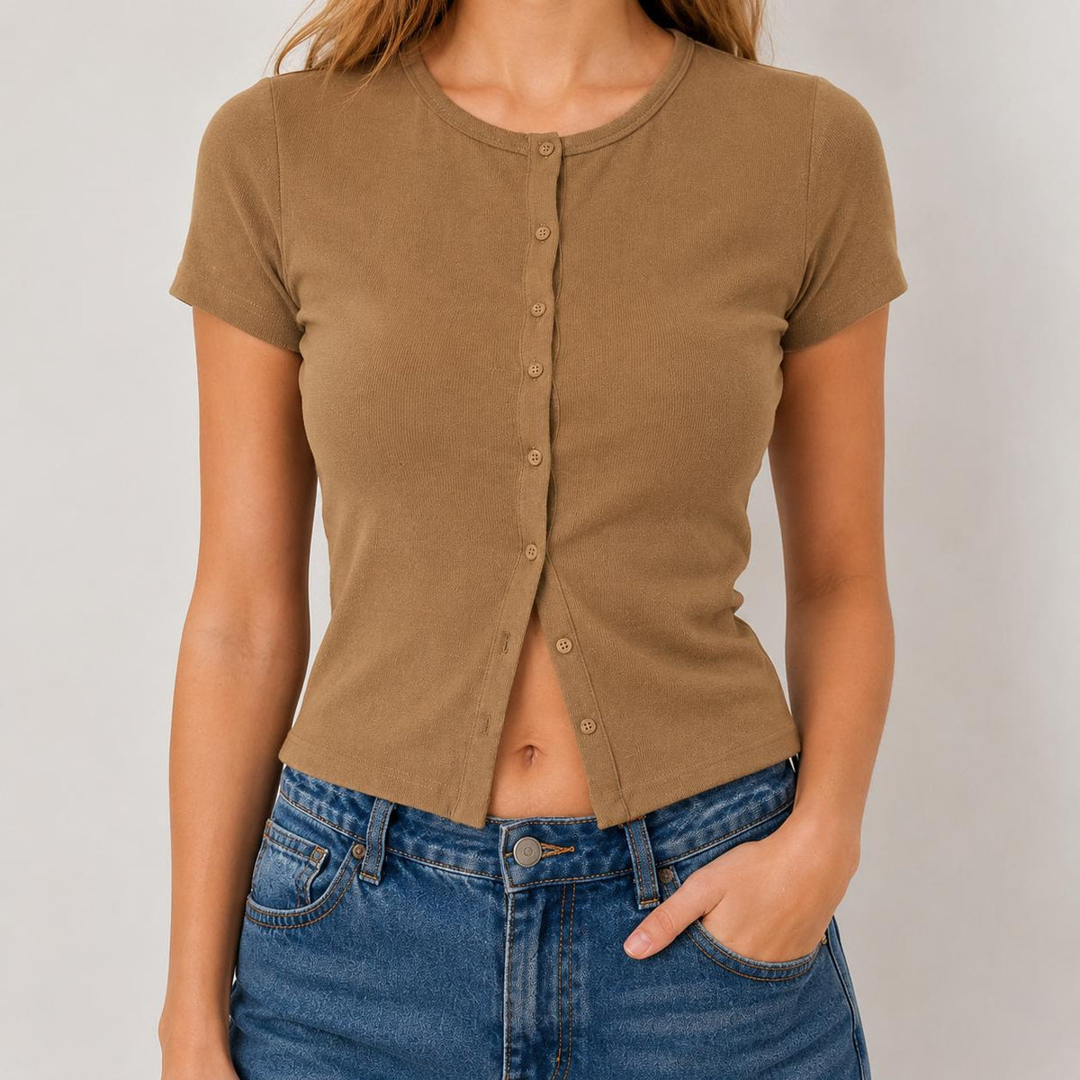 Top Cardigan de Manga Corta con Botones Frontales para Mujer