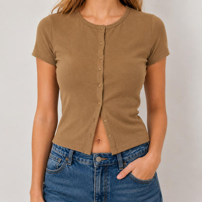 Top Cardigan de Manga Corta con Botones Frontales para Mujer