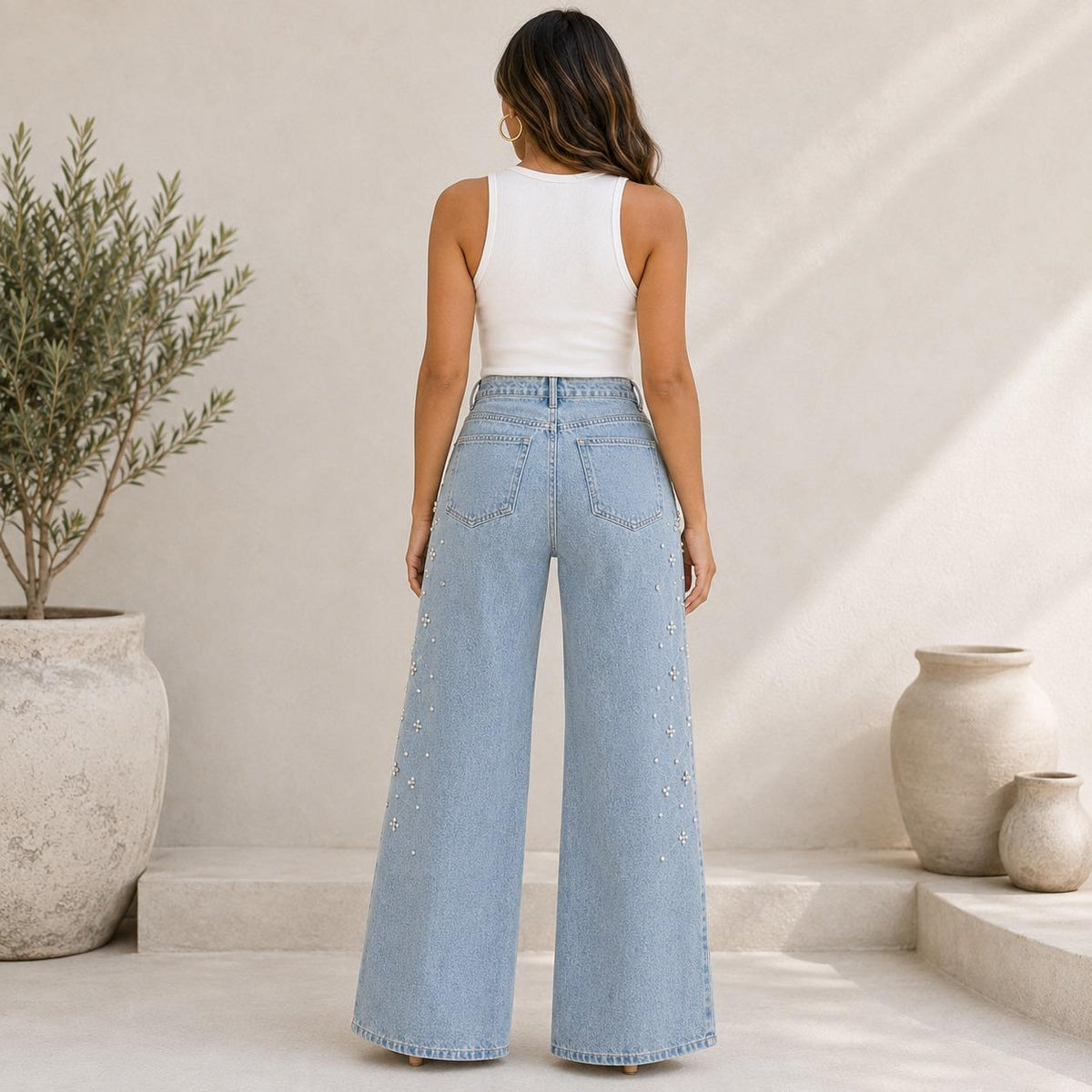 Jeans Acampanados de Tiro Alto con Perlas y Pedrería para Mujer