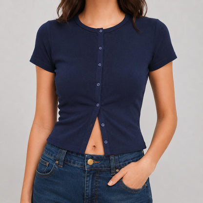 Top Cardigan de Manga Corta con Botones Frontales para Mujer