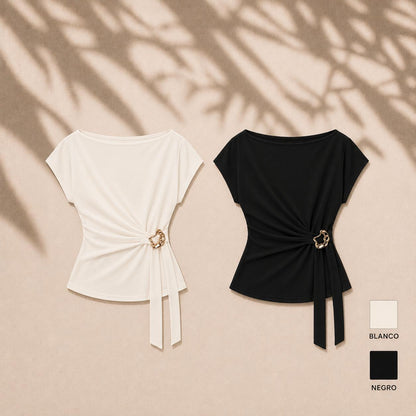 Blusa Asimétrica para Mujer, Corte Holgado con Cinturón Late