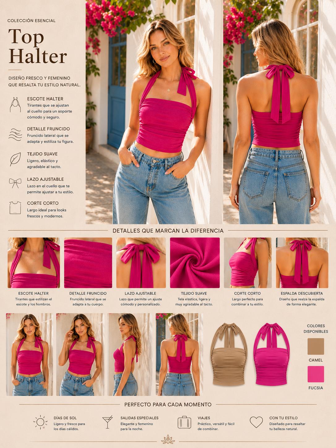 Top Halter para Mujer, Estilo Ajustado con Fruncido, Tejido 
