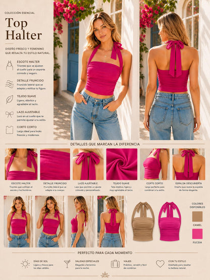 Top Halter para Mujer, Estilo Ajustado con Fruncido, Tejido 