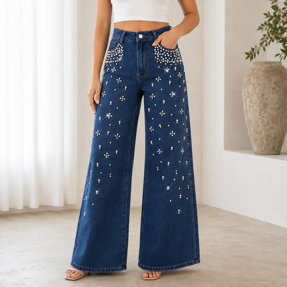 Jeans Acampanados de Tiro Alto con Perlas y Pedrería para Mujer