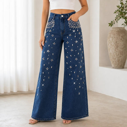 Jeans Acampanados de Tiro Alto con Perlas y Pedrería para Mujer