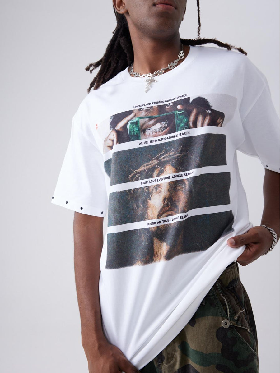 Camiseta Blanca Oversize Estampado Religioso UrbanoManga Corta Para Hombre Estilo Streetwear Casual