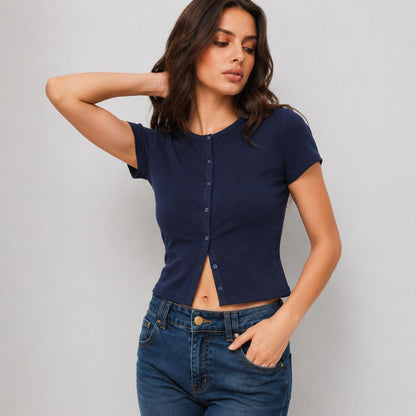 Top Cardigan de Manga Corta con Botones Frontales para Mujer