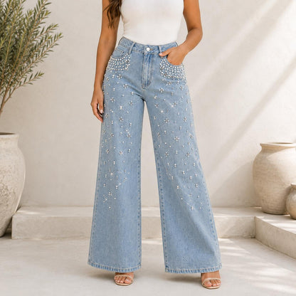 Jeans Acampanados de Tiro Alto con Perlas y Pedrería para Mujer