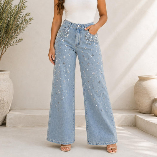Jeans Acampanados de Tiro Alto con Perlas y Pedrería para Mujer